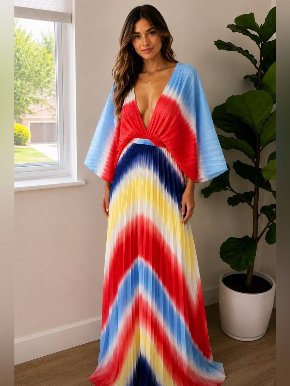 L’ATISTE by Amy Pleated Multicolor Maxi Dress – Size M